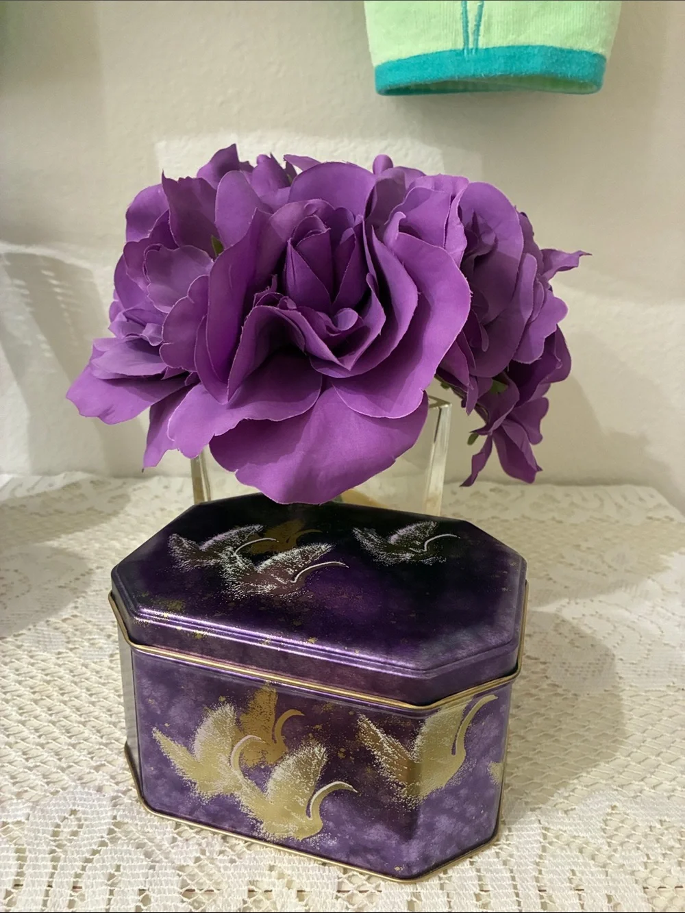 Purple Floral In Glass Container W/ Decorative Tin Box - Elegant Accent